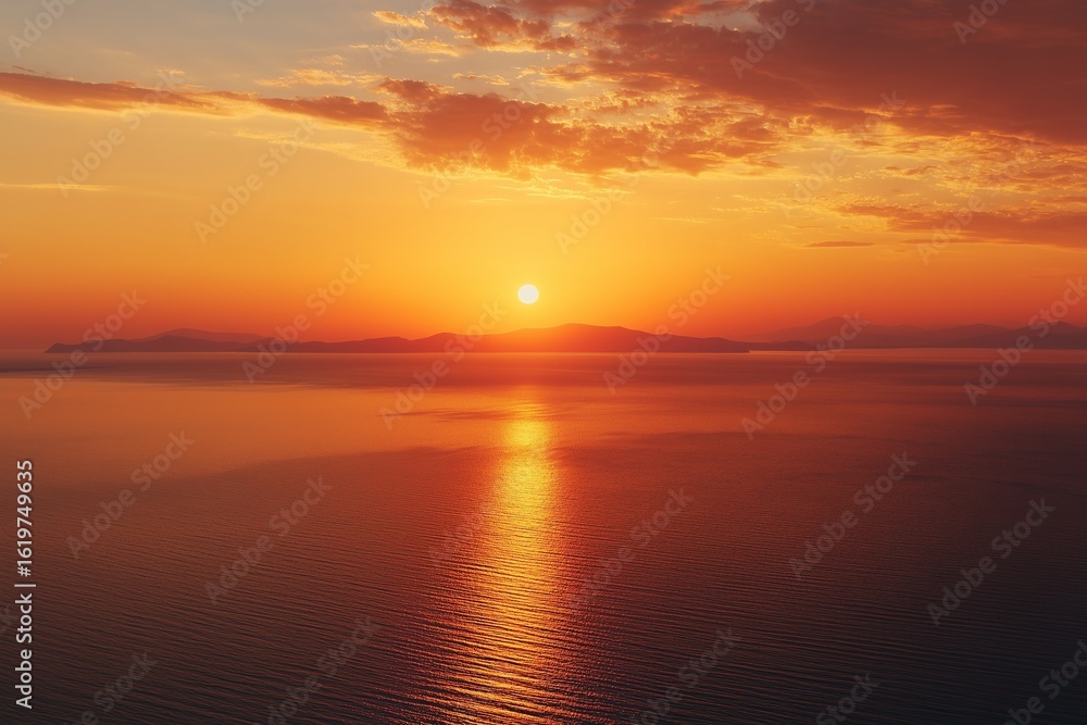 Fototapeta premium Aerial view of a vivid orange sunset casting warm light over the calm sea, with glowing reflections on the water surface and a tranquil horizon, capturing the serene beauty of nature from above