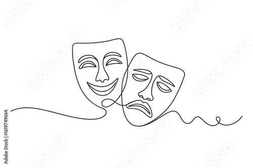 One line theater mask vector with editable stroke – comedy and tragedy icon for drama, art or stage