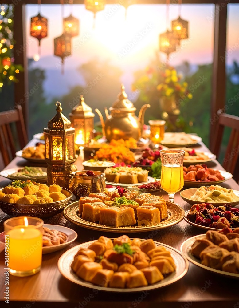 Sunlit table laden with diverse dishes and lanterns Sunlit table laden with diverse dishes and lanterns
