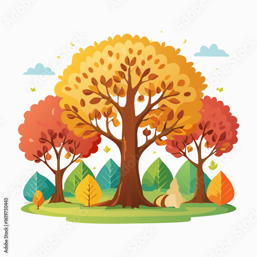 Illustration of Oak and teak tree sanctuary in a vibrant forest environment