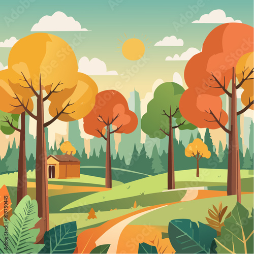 Illustration of Oak and teak tree sanctuary in a vibrant forest environment