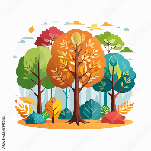 Illustration of Oak and teak tree sanctuary in a vibrant forest environment