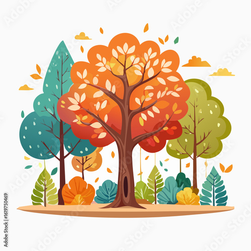 Illustration of Oak and teak tree sanctuary in a vibrant forest environment