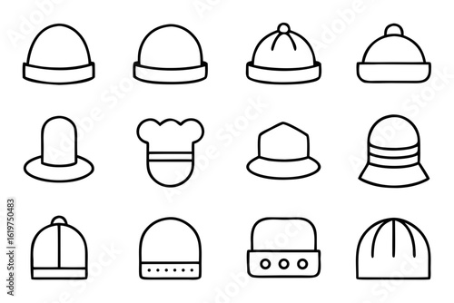 Collection of twelve different winter hats and headwear icons isolated on transparent background