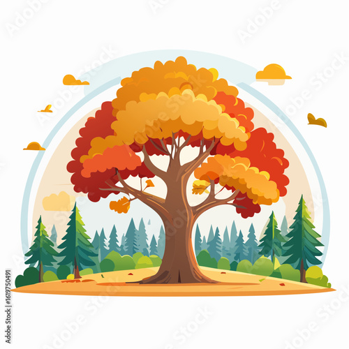 Illustration of Oak and teak tree sanctuary in a vibrant forest environment
