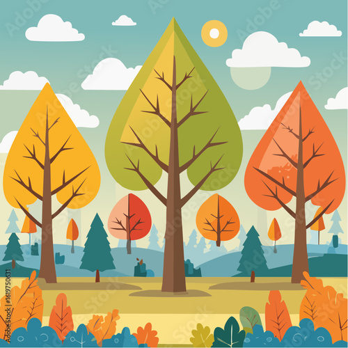 Illustration of Oak and teak tree sanctuary in a vibrant forest environment