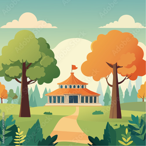 Illustration of Oak and teak tree sanctuary in a vibrant forest environment