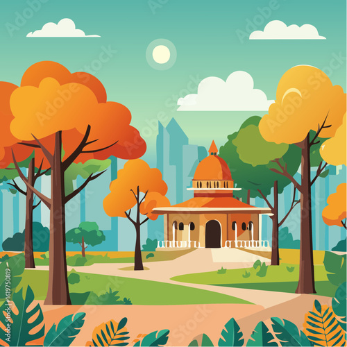 Illustration of Oak and teak tree sanctuary in a vibrant forest environment