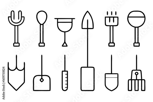 Collection of hand drawn garden tools and gardening implements isolated on transparent background