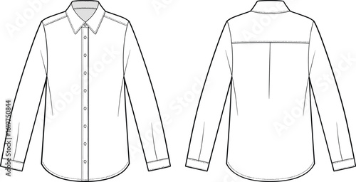 Technical flat sketch of classic long sleeve button-up shirt with collar, front and back view fashion design for menswear template
