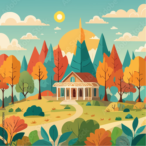 Illustration of Oak and teak tree sanctuary in a vibrant forest environment