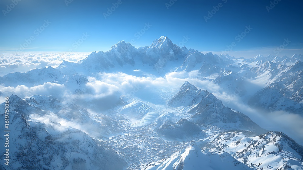 Obraz premium Snowy mountain peaks and valleys shrouded in clouds.