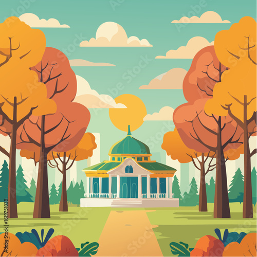 Illustration of Oak and teak tree sanctuary in a vibrant forest environment