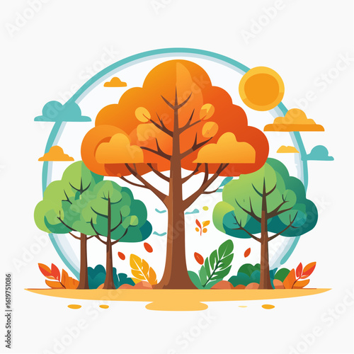 Illustration of Oak and teak tree sanctuary in a vibrant forest environment