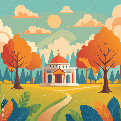 Illustration of Oak and teak tree sanctuary in a vibrant forest environment