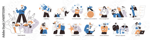 Soft skills concept set. Different abilities for employees: communication, teamwork, time management, multitasking. Competences for business. Flat isolated vector illustrations on white background