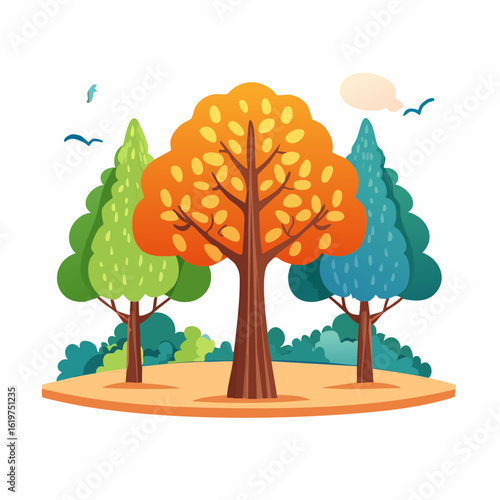 Illustration of Oak and teak tree sanctuary in a vibrant forest environment