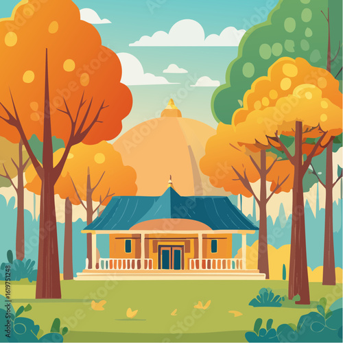 Illustration of Oak and teak tree sanctuary in a vibrant forest environment