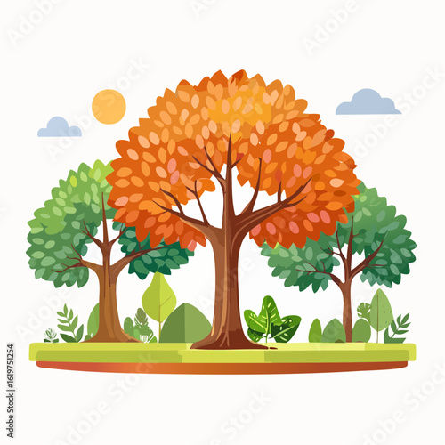 Illustration of Oak and teak tree sanctuary in a vibrant forest environment