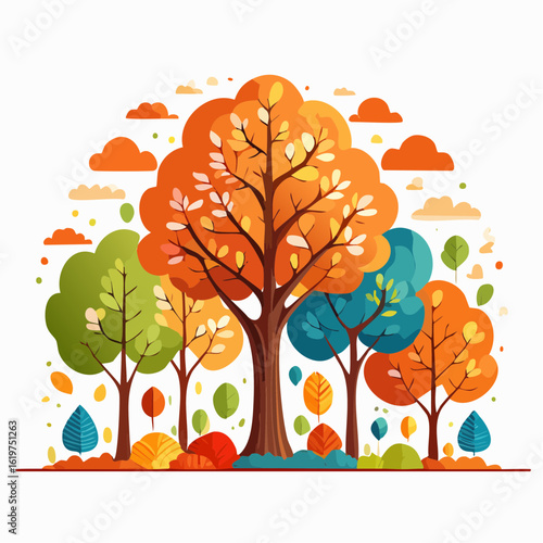 Illustration of Oak and teak tree sanctuary in a vibrant forest environment