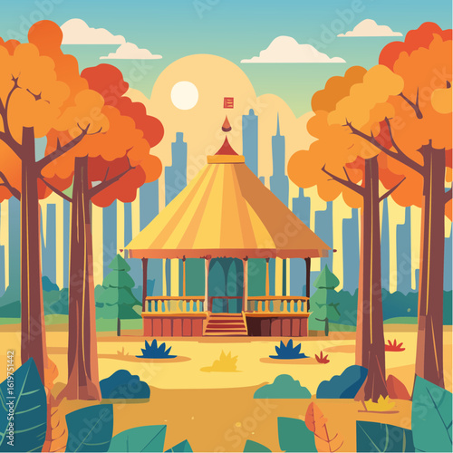 Illustration of Oak and teak tree sanctuary in a vibrant forest environment