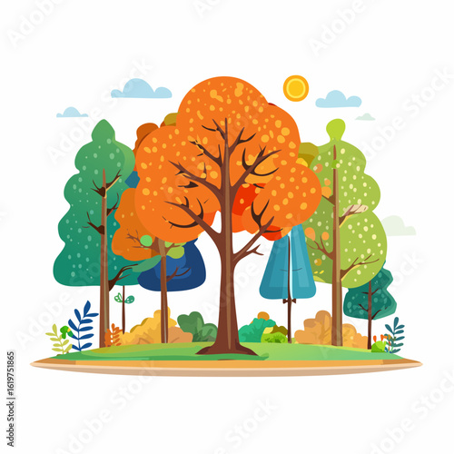 Illustration of Oak and teak tree sanctuary in a vibrant forest environment