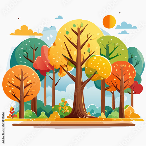 Illustration of Oak and teak tree sanctuary in a vibrant forest environment