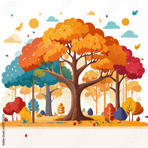 Illustration of Oak and teak tree sanctuary in a vibrant forest environment