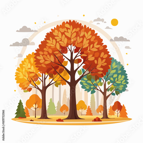 Illustration of Oak and teak tree sanctuary in a vibrant forest environment