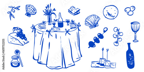 Hand drawn girlish whimsical cheese olives food wedding party collection. Romantic vector illustration menu decoration. Cafe restaurant icons doodle graphic sketch set.