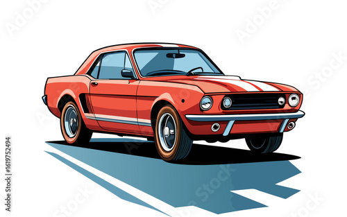 Flat vector illustration of 1965 Mustang classic car, vintage muscle car design on white background, retro automotive artwork