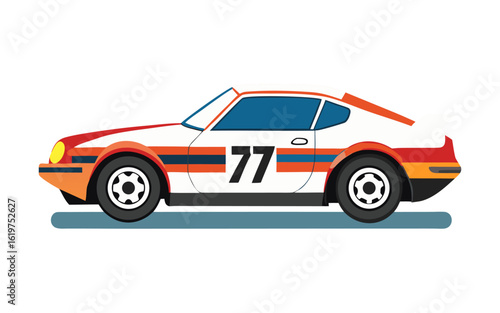 Flat vector art of 1970s vintage racing car with colorful decals, classic motorsport design, retro speed and style illustration