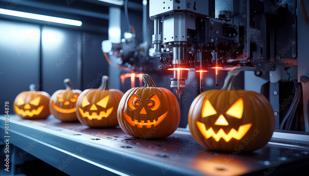 Fototapeta premium A high-tech pumpkin carving machine creating glowing jack-o'-lanterns with precision lasers.
