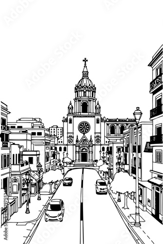 San Jose, California black and white coloring page for adults. USA city, cityscape, buildings, downtown, landmarks vector outline doodle sketch for anti stress color book