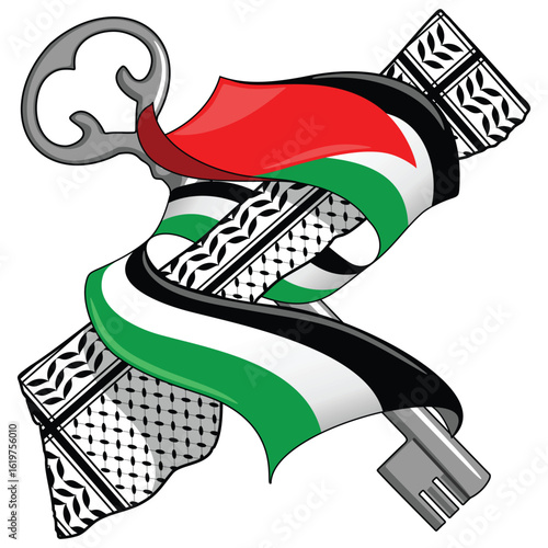 Palestine Flag wrapped around Gaza Map with keffiyeh pattern and the Key of Return Vector illustration isolated on white
