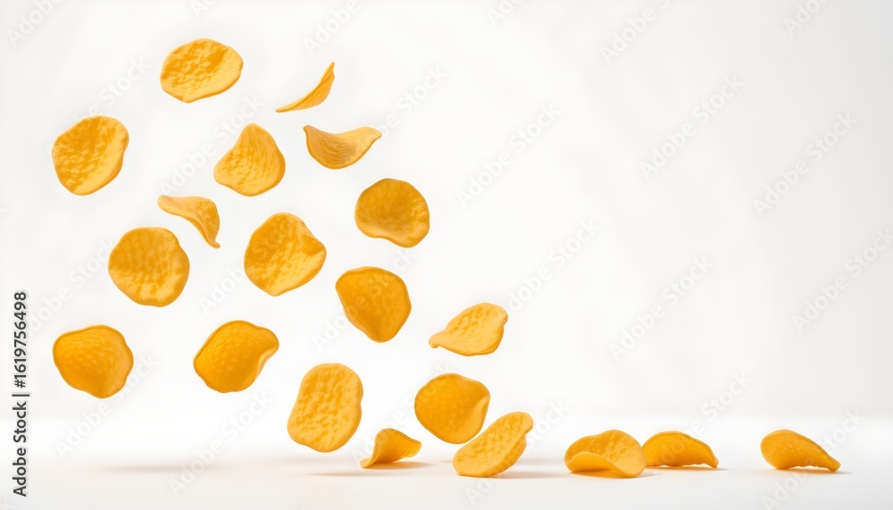 Fototapeta premium An image of multiple golden yellow potato chips with irregular shapes and a crispy porous texture