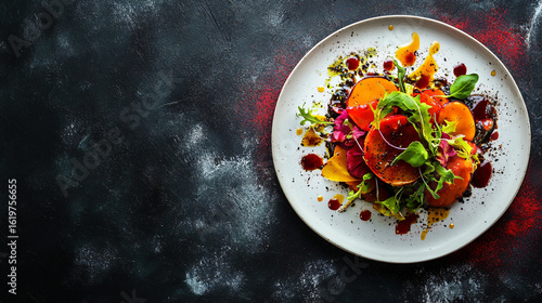 Delicious plate of gourmet food presented aesthetically on a rustic wooden table setting