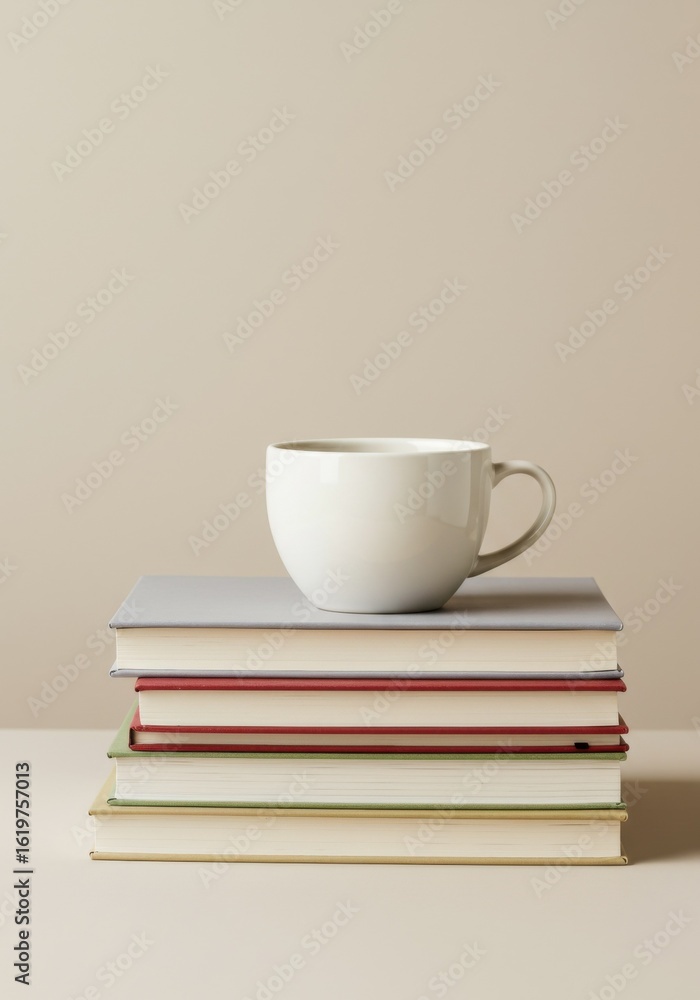 Naklejka premium White cup placed on stack of books on neutral background. Preparing for school 