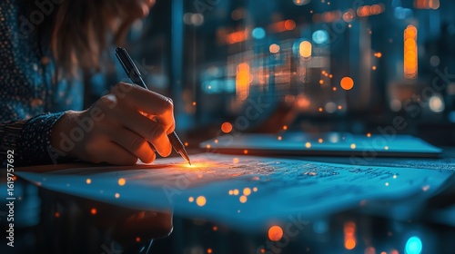 Artistic Glowing Focus Hand with Pen Signing Document Abstract Style