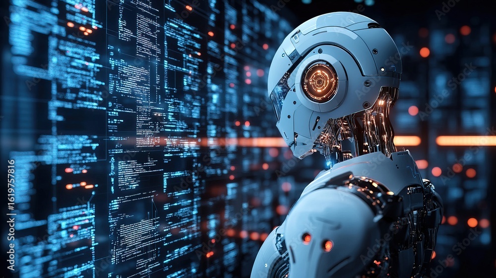Fototapeta premium Futuristic Robotic Humanoid Analyzing Complex Data Code Screen Illustration