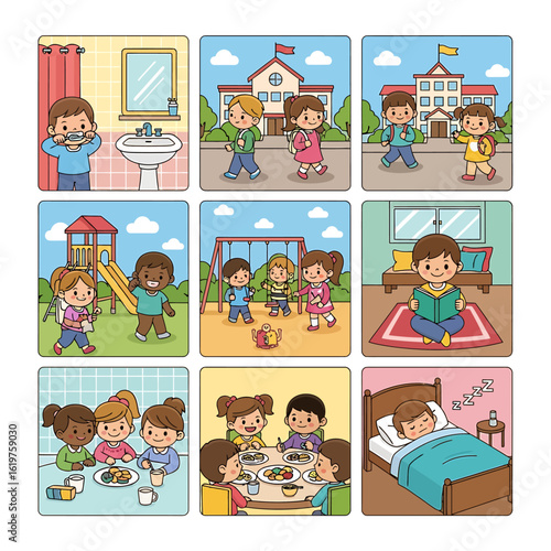 A collection of cartoon illustrations depicting a child's daily routine, from waking up and going to school to playing, eating, and sleeping.