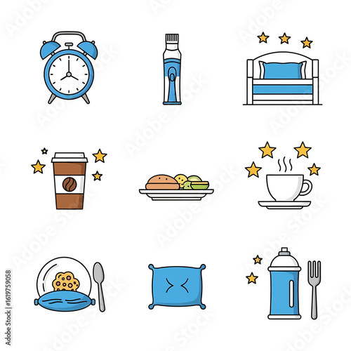 Morning and evening routine linear color icons set. Daily schedule symbols for sleep, meals, and drinks. Lifestyle habits vector.