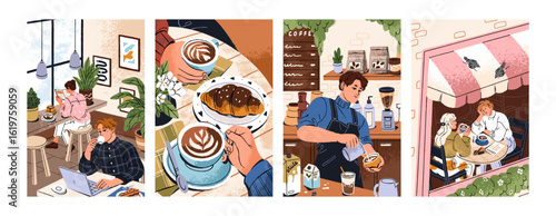 Cafe posters set. People meet, sit at the tables, drink beverages with croissant in coffeehouse. Barista makes coffee at the counter of coffeeshop. Breakfast in restaurant. Flat vector illustrations