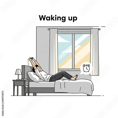 Wake Up Illustration Man Stretching in Bed, Sunrise View