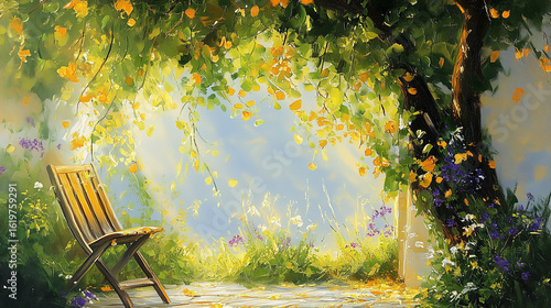 A sunlit garden path adorned with golden leaves, inviting a sense of warmth and serenity, perfect for relaxation and contemplation