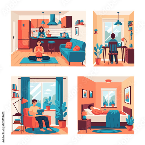 Collection of home life scenes. Vector illustration set showing a daily routine including work from home, yoga, reading, and sleeping in a cozy apartment.