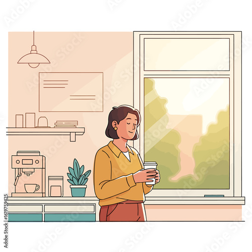 Woman enjoying a peaceful morning coffee break by a sunlit window. Illustration of a serene daily routine and simple pleasure.