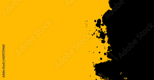 Bold contrast is achieved through a dynamic arrangement of golden yellow and amorphous black shapes, creating an abstract splatter effect on a split background.