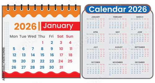 Calendar 2026 design with an elegant layout for every month from January to December. Ideal calendar design for annual planning, 2026 year business calendar for commercial uses. Editable font