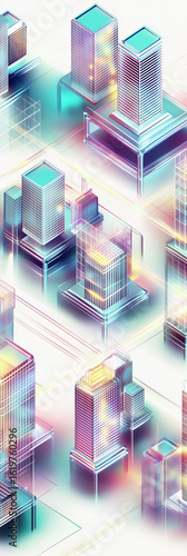 An aerial view of a vibrant, modern city layout with colorful buildings and intricate street designs, showcasing urban planning